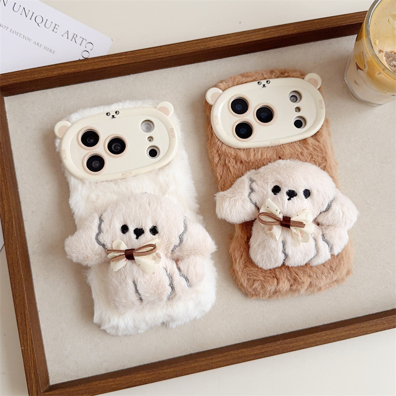 Phone Cases 13 - 3D Cartoon Bowknot Puppy Warm Fluffy